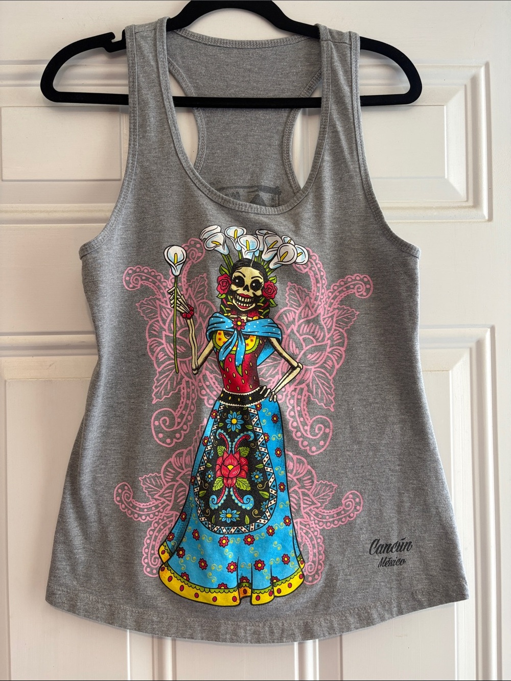 Gray Day of the Dead Graphic Racerback Tank Top - Cancun Mexico